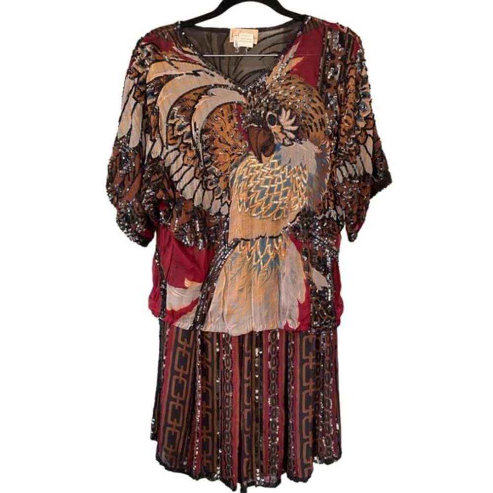 T2 VTG Kalamkari Silk Sequin‎ 2 Piece Blouse Skirt